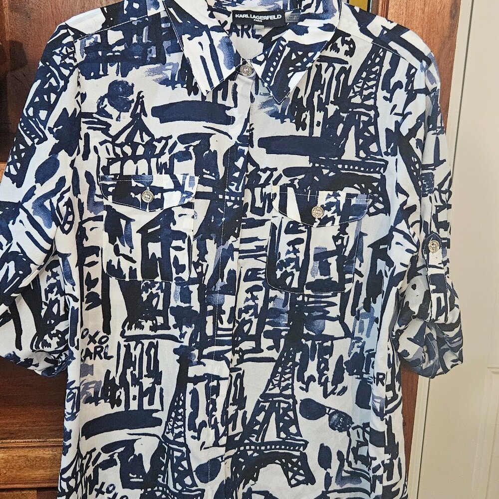 Karl Lagerfeld Paris 3/4 Sleeves Button-Up Blouse Women's S/P Blue & White